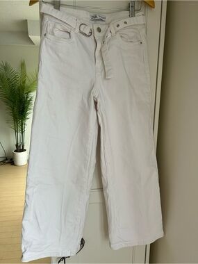 Zara Mid-Rise Wide-Leg White Denim Jeans